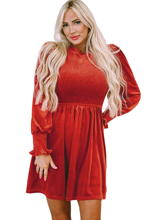 Smocked Velvet Mock Neck Long Sleeve Mini Dress
