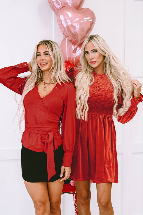 Smocked Velvet Mock Neck Long Sleeve Mini Dress