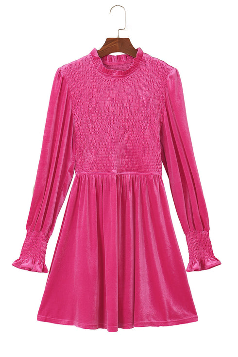 Smocked Velvet Mock Neck Long Sleeve Mini Dress