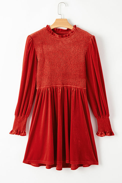 Smocked Velvet Mock Neck Long Sleeve Mini Dress