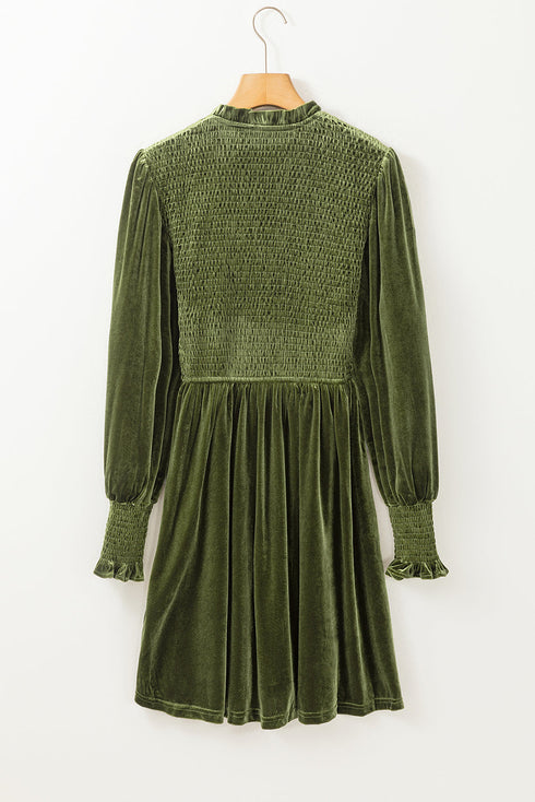 Smocked Velvet Mock Neck Long Sleeve Mini Dress