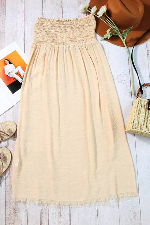 Smocked Waist High Slit Fringed Maxi Skirt