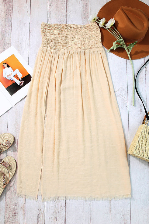 Smocked Waist High Slit Fringed Maxi Skirt