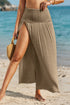 Smocked Waist High Slit Fringed Maxi Skirt