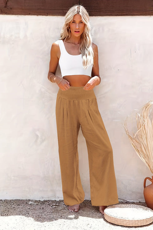 Smocked Wide Waistband High Waist Wide Leg Pants