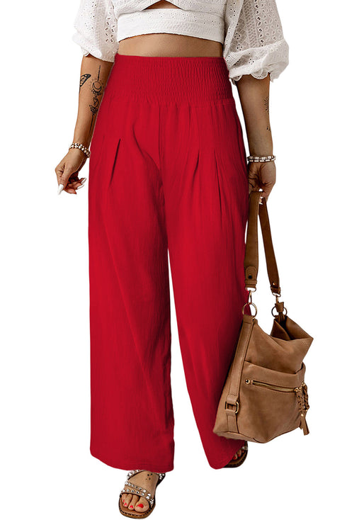 Smocked Wide Waistband High Waist Wide Leg Pants
