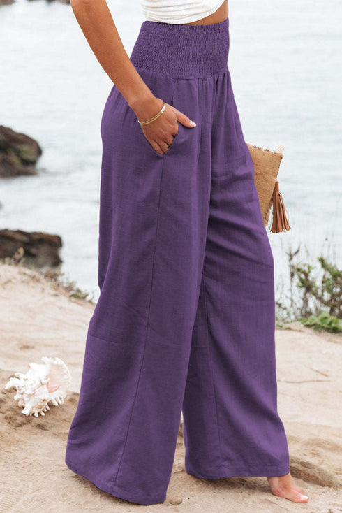 Smocked Wide Waistband High Waist Wide Leg Pants
