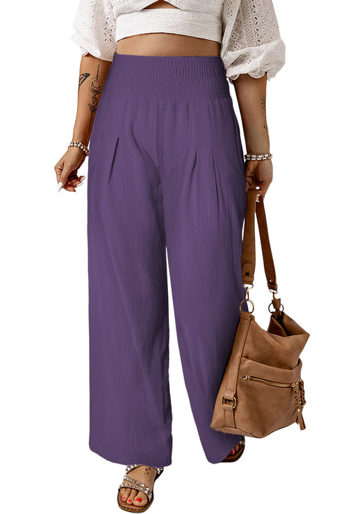 Smocked Wide Waistband High Waist Wide Leg Pants