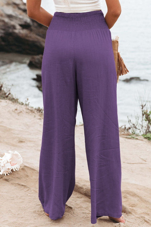 Smocked Wide Waistband High Waist Wide Leg Pants