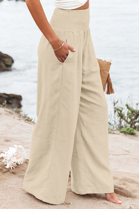 Smocked Wide Waistband High Waist Wide Leg Pants