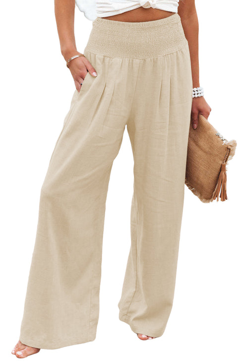 Smocked Wide Waistband High Waist Wide Leg Pants