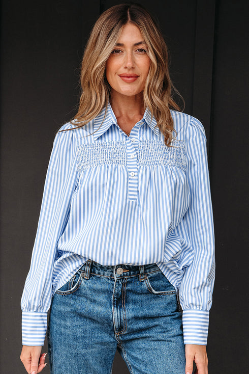 Smocked Yoke Striped Puff Sleeve Popover Blouse