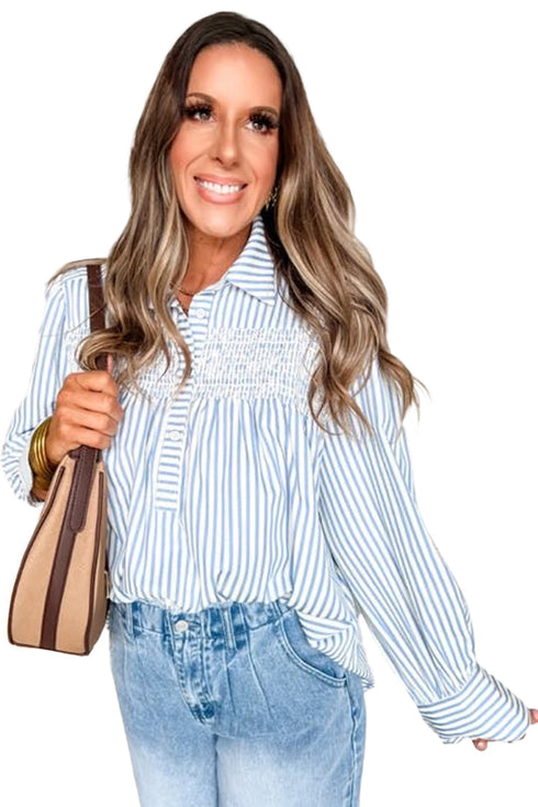 Smocked Yoke Striped Puff Sleeve Popover Blouse