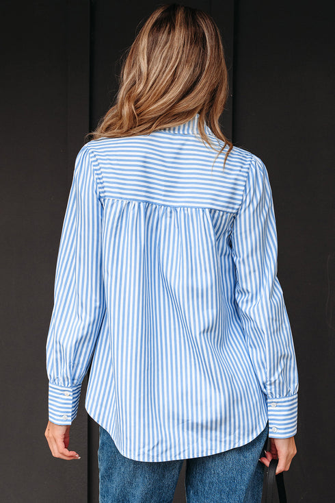Smocked Yoke Striped Puff Sleeve Popover Blouse