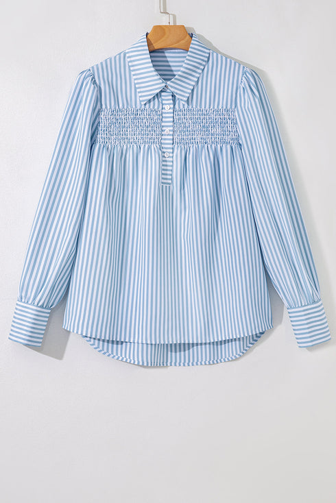 Smocked Yoke Striped Puff Sleeve Popover Blouse