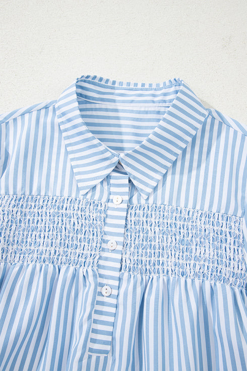 Smocked Yoke Striped Puff Sleeve Popover Blouse
