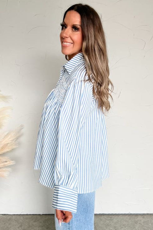Smocked Yoke Striped Puff Sleeve Popover Blouse