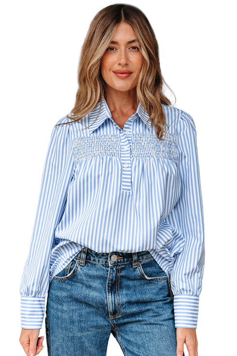 Smocked Yoke Striped Puff Sleeve Popover Blouse