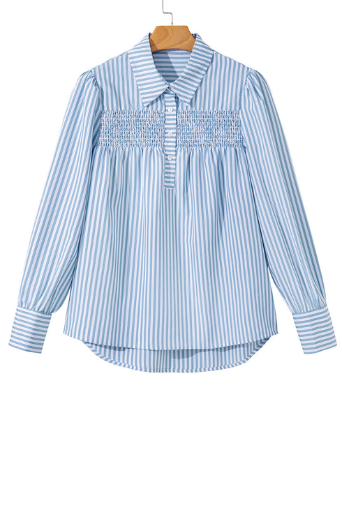 Smocked Yoke Striped Puff Sleeve Popover Blouse