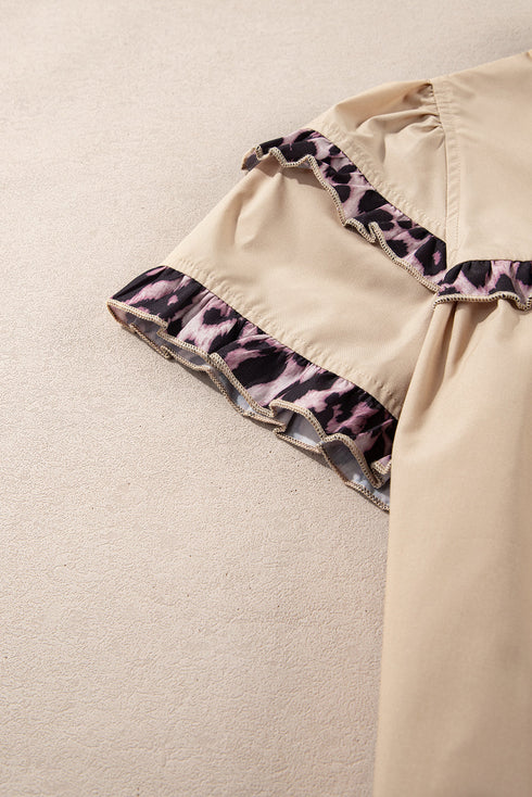 Smoke Gray Leopard Ruffles Trim Tiered Short Sleeve Blouse