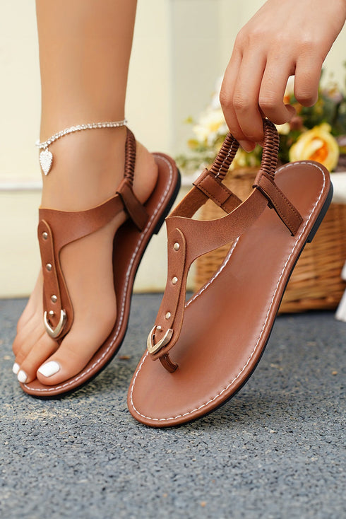 Smooth Faux Leather Cutout T Strap Thong Sandals