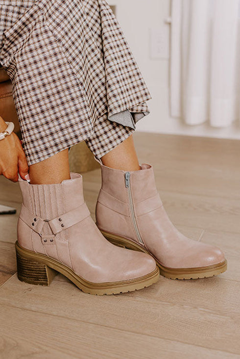 Smooth Faux Leather Front Zip Ring Pull Chunky Boots