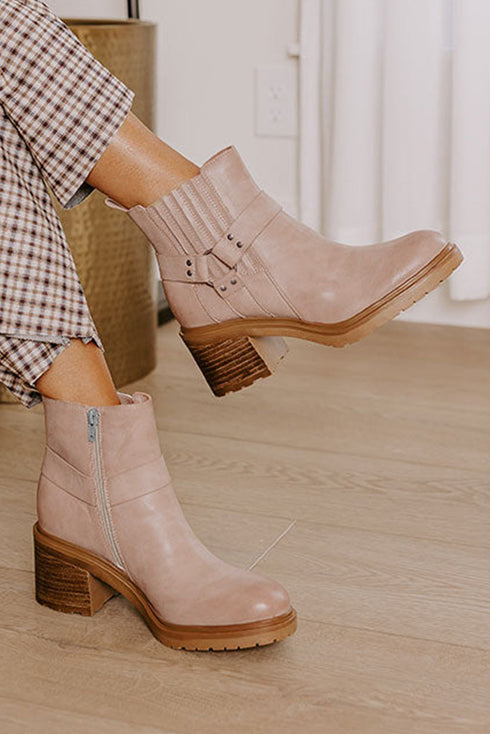 Smooth Faux Leather Front Zip Ring Pull Chunky Boots