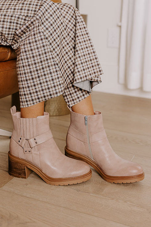 Smooth Faux Leather Front Zip Ring Pull Chunky Boots