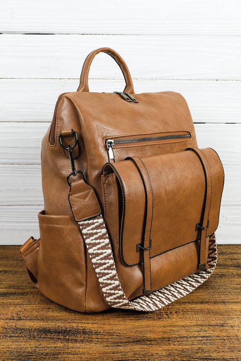 Smooth Faux Leather Wide Embroidered Strap Backpack
