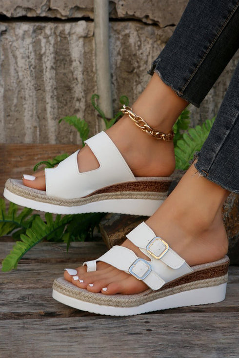Smooth Strap Buckle Detail Open Toe Wedge Slippers