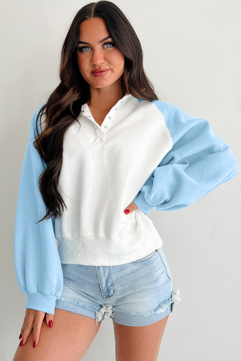 Snap Placket Raglan Sleeve Collared Pullover Sweatshirt