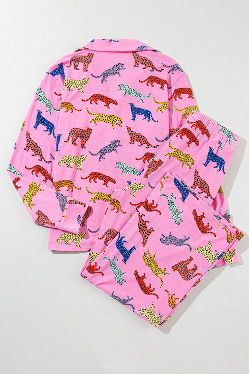 Soft Animal Print Button Front Long Sleeve Pajama Set