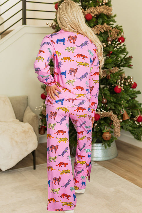 Soft Animal Print Button Front Long Sleeve Pajama Set