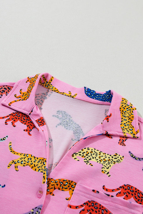 Soft Animal Print Button Front Long Sleeve Pajama Set