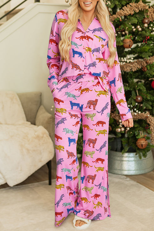 Soft Animal Print Button Front Long Sleeve Pajama Set