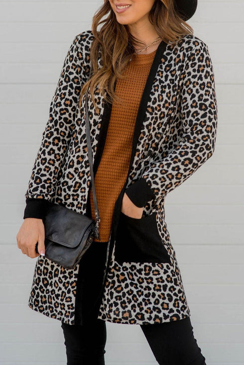 Soft Animal Print Open Front Pocketed Cardigan