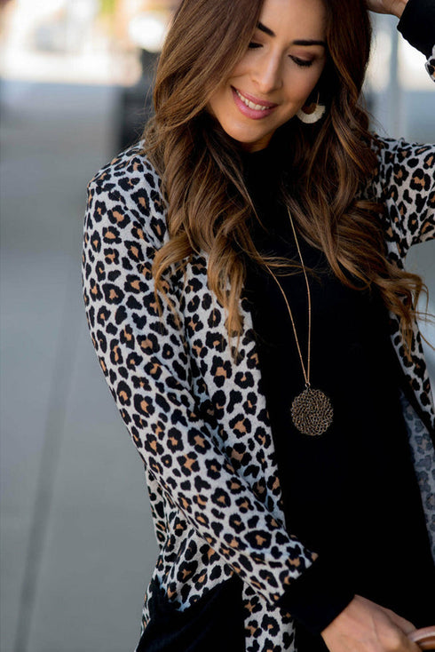 Soft Animal Print Open Front Pocketed Cardigan