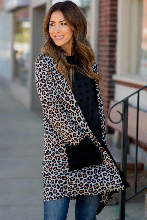 Soft Animal Print Open Front Pocketed Cardigan