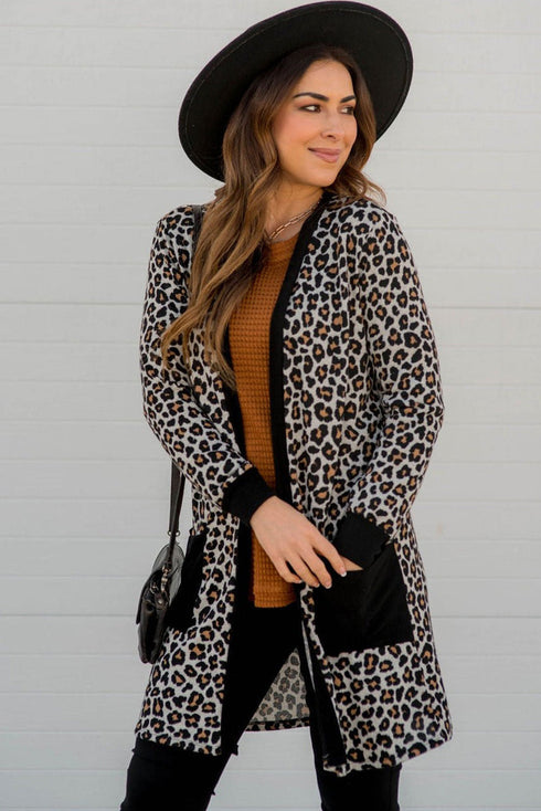 Soft Animal Print Open Front Pocketed Cardigan