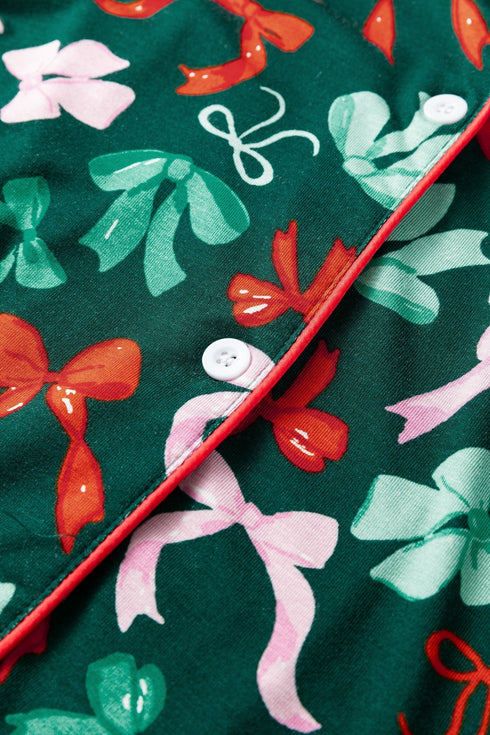 Soft Bow Print Long Sleeve Button Down Pajama Set