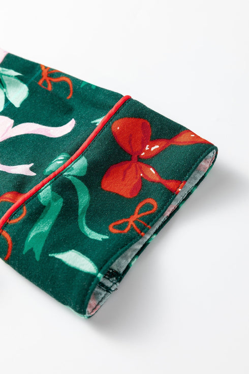 Soft Bow Print Long Sleeve Button Down Pajama Set