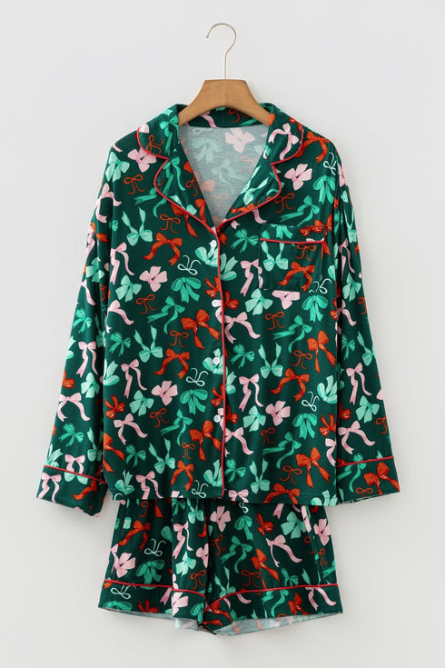 Soft Bow Print Long Sleeve Button Down Pajama Set