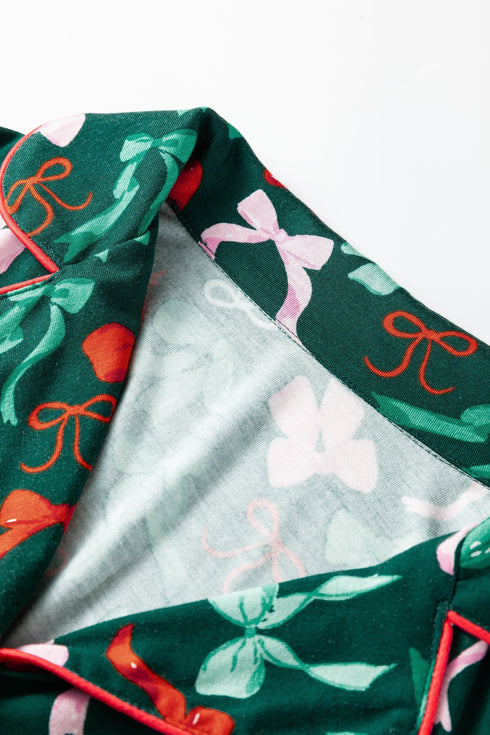 Soft Bow Print Long Sleeve Button Down Pajama Set
