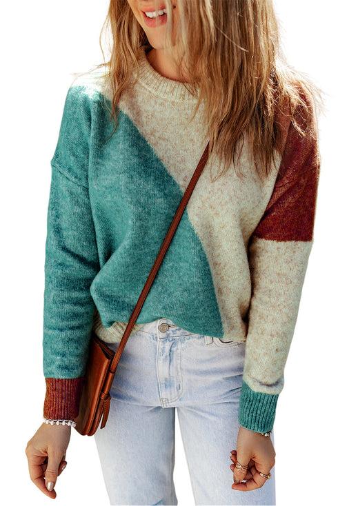 Soft Brushed Knit Diagonal Block Pullover Sweater