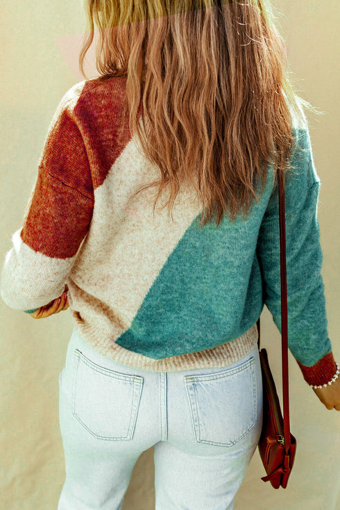 Soft Brushed Knit Diagonal Block Pullover Sweater