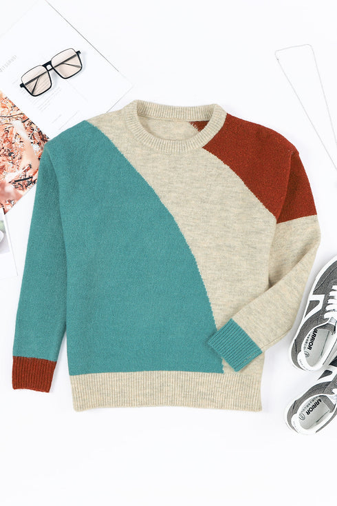 Soft Brushed Knit Diagonal Block Pullover Sweater