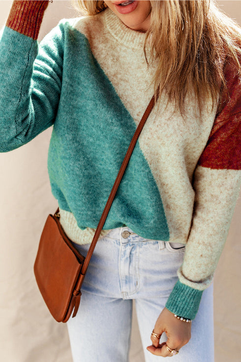 Soft Brushed Knit Diagonal Block Pullover Sweater
