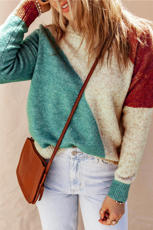 Soft Brushed Knit Diagonal Block Pullover Sweater