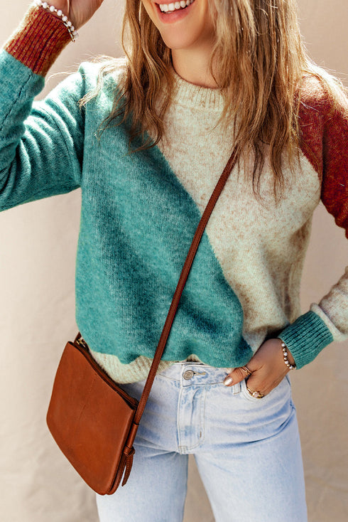Soft Brushed Knit Diagonal Block Pullover Sweater