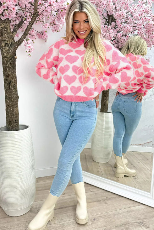 Soft Brushed Knit Heart Print Pullover Sweater